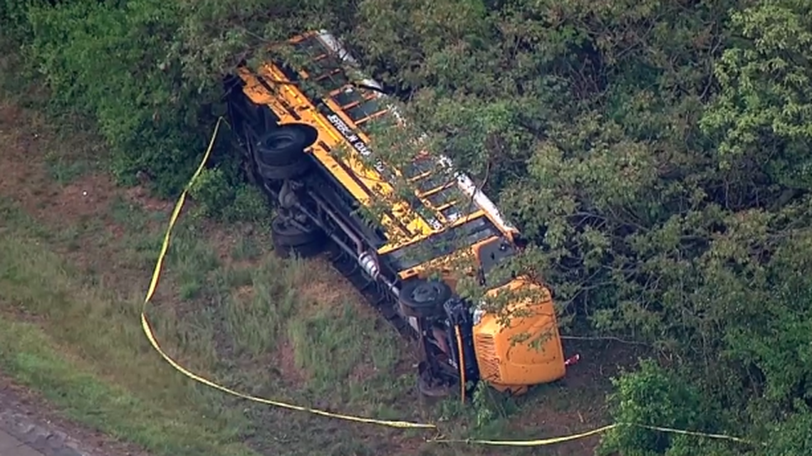A Jefferson County Public Schools bus transporting students overturned along an interstate in Louisville on Tuesday, May 3.