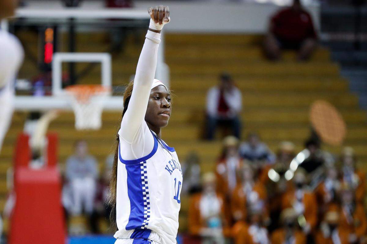 Kentucky’s Rhyne Howard (10) holds her shooting hand up after hitting a three-point shot against Princeton on Saturday. She was 4-for-14 from the field and 7-for-7 from the free-throw line in the Cats’ first-round loss.