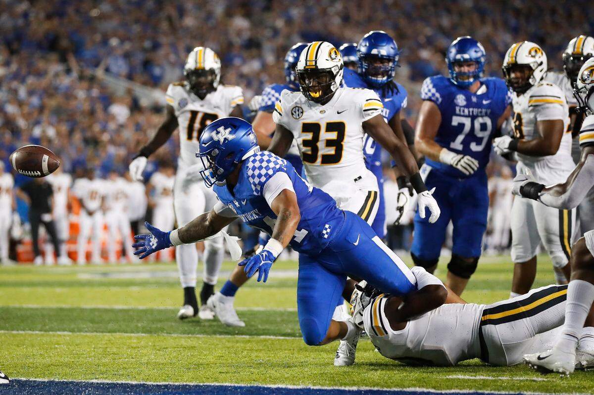 Kentucky running back Christopher Rodriguez (24) lost a fumble at the Missouri goal line during UK’s 35-28 win two weeks ago. UK is now minus-6 on the season in turnover margin.