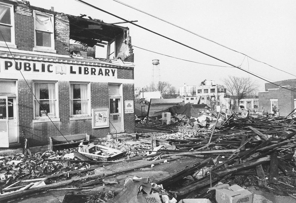 The Stamping Ground Public Library was heavily damaged on April 4, 1974, after a tornado moved through the Scott County community.