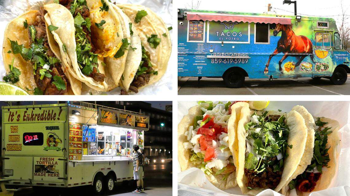 Clockwise from top: Tacos from El Buen Tacos, Tacos El Potro truck and tacos and the truck of La Fiesta Tacos.