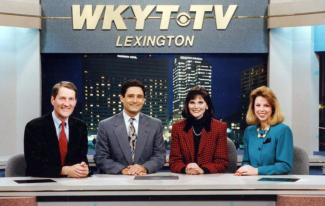 WKYT-TV (Channel 27) broadcasters, February 1993, from left: sportscaster Rob Bromley; anchor Sam Dick; anchor Barbara Bailey; meteorologist Cindy Preszler. 