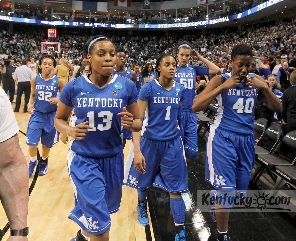 A’dia Mathies (1) walked off the floor for the final time in a UK uniform after the Wildcats fell to Connecticut in the 2013 NCAA Tournament round of eight.
