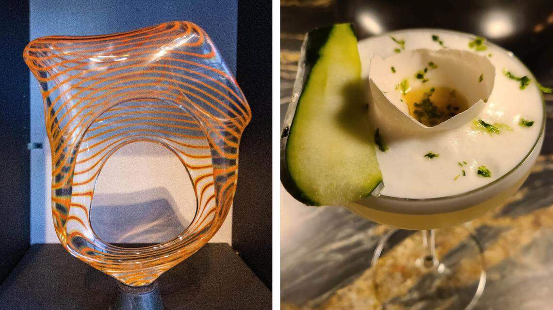 Blown glass artwork by artist Travis Adams in the gallery space within the Trifecta Glass Art Lounge and the Glass House cocktail from the lounge at right.