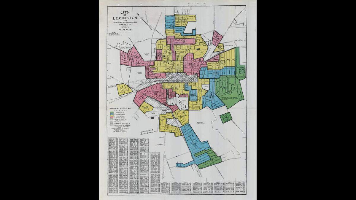This 1938 map of Lexington made by the Home Owners Loan Corporation, shows which neighborhoods were considered safe for investing with home refinancing. The Green areas were “Best.” Blue (”B”) was for “Still Desirable.” Yellow (”C”) areas were deemed “Definitely Declining.” Red (”D”) neighborhoods represented “Hazardous” investments. The refusal of the federal government to invest in red neighborhoods created economic and racial segregation still felt today.