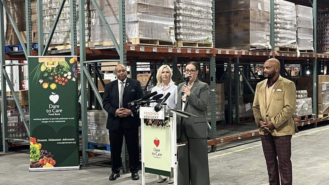 Kentucky Lt. Gov. Jacqueline Coleman speaks about delays in federal Supplemental Nutrition Assistance Program during a news conference at Dare to Care Food Bank in Louisville Tuesday, Nov. 4, 2025.