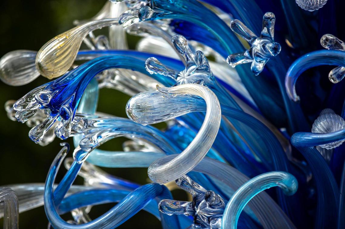 “Sapphire and Platinum Waterdrop Tower” by Dale Chihuly is displayed at Maker’s Mark new Chihuly exhibition at Star Hill Farm, home of Maker’s Mark Distillery, in Loretto, Ky., on Friday, July 18, 2025.