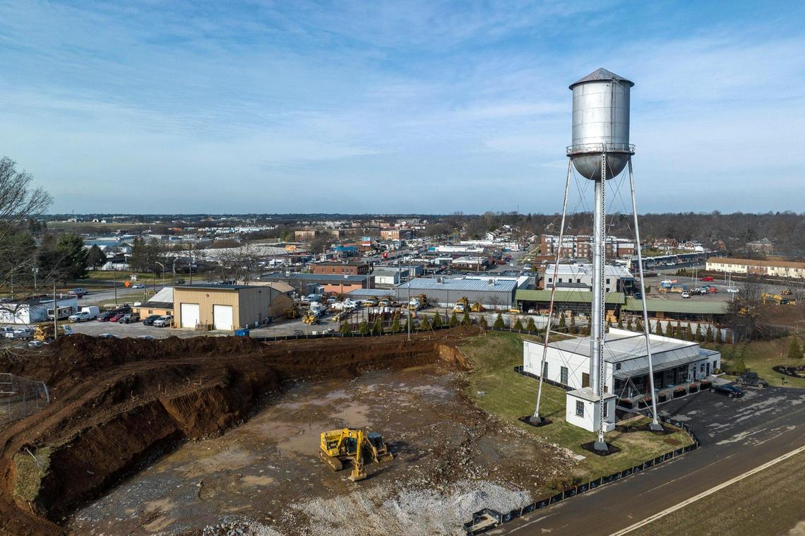 Developers say an existing water tower above the distillery will be wrapped to look like a bourbon barrel with the Turner Commons and RD1 Spirits logos and will light up at night.
