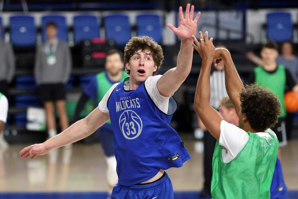 Reece Potter (33) challenges a shot during UK's Pro Day at Memorial Coliseum, Tuesday, Oct. 7, 2025. (Photo by James Crisp)
