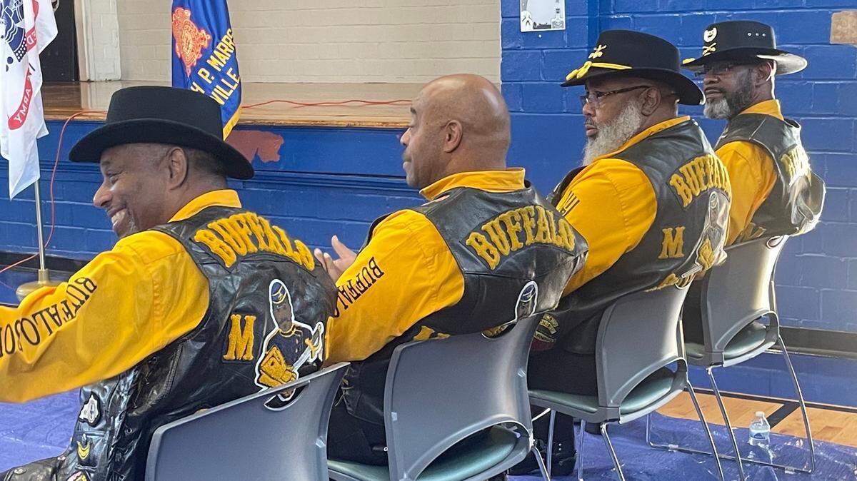 From left to right: Ricky Campbell, LeRoy Smith, Bernard Love, and Jerry Ledbetter. The men are part of the Louisville Chapter of the National Association of Buffalo Soldiers and Troopers Motorcycle Club.