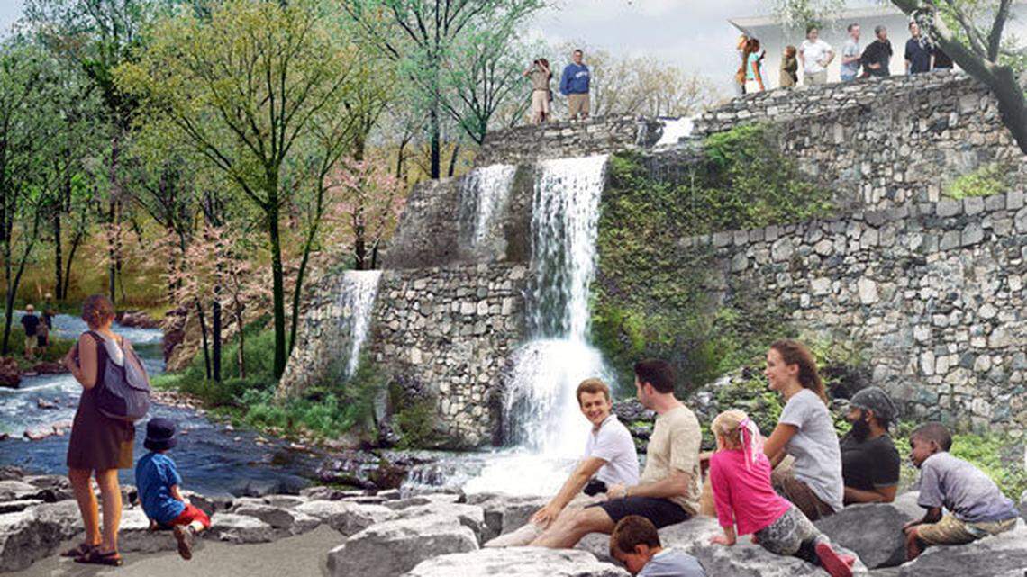 A conceptual view of the Cox Street parking lot portion of the proposed Town Branch Commons in Lexington. The rendering was provided by SCAPE/Landscape Architecture, which won a competition to work on the commons. SCAPE next will create a detailed drawing of the commons and include engineering information. Image provided.