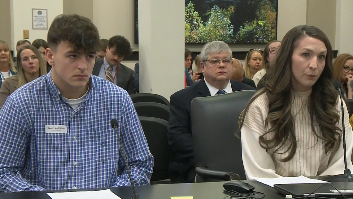 Gavin Herrington, left, and Brittany Herrington testify to the Senate Judiciary Committee on Senate Bill 122, which would create a path to alternative sentencing for nonviolent felony defendants who are caretakers of children.