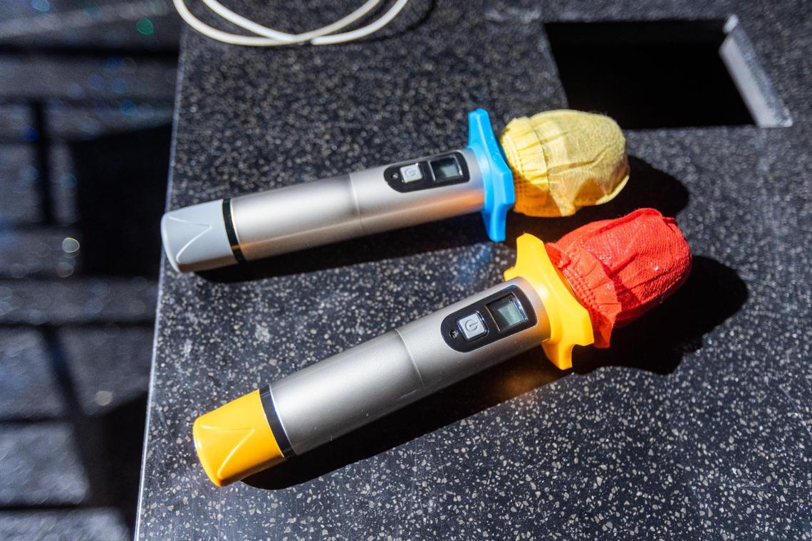 Karaoke microphones ready to be used at Night Kitty Karaoke Bar, opening soon on South Broadway in The Lex.