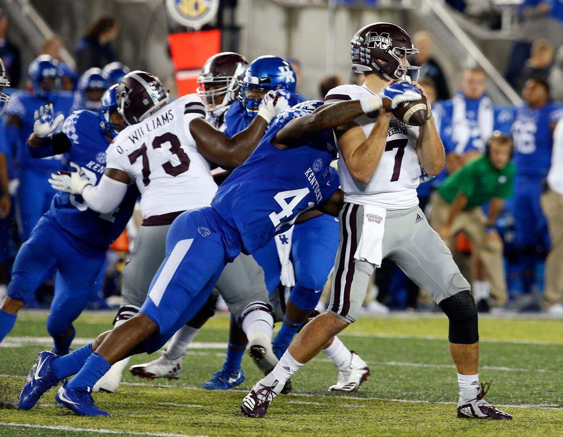Kentucky’s Josh Allen sacked Mississippi State quarterback Nick Fitzgerald during Kentucky’s 28-7 win Saturday night. The senior linebacker earned SEC Defensive Player of the Week honors on Monday for his efforts in the victory.