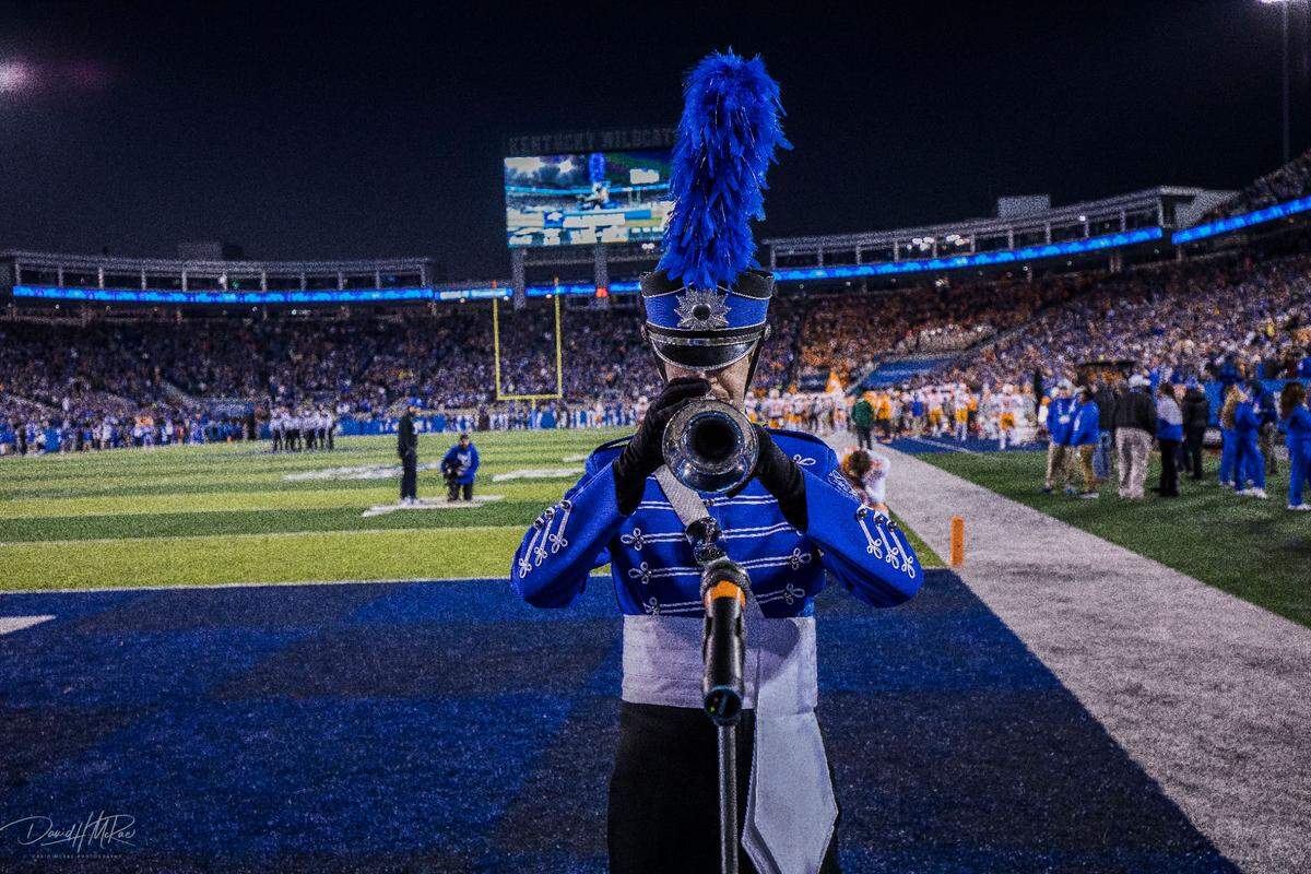 Karl Oswald performs “Call to the Post” prior to a UK home football game this season at Kroger Field. Oswald, who is a trumpet minor at UK, is from Missouri and said he has enjoyed learning about the culture and history of Kentucky through the musical lens of the Wildcat Marching Band.