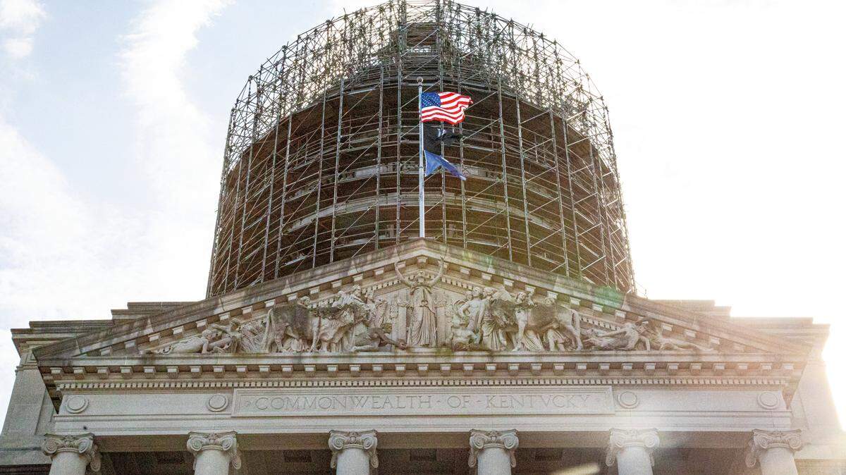 An exterior view of the Kentucky State Capitol building in Frankfort, as seen on Feb. 8, 2025. A scaffolding is arrayed around the building’s dome.