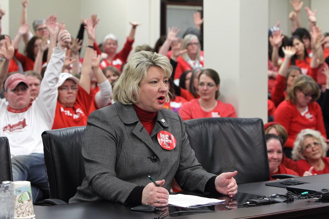 KEA president Stephanie Winkler expressed opposition to HB 525 Thursday during a House committee meeting at the State Capitol in Frankfort. Photo by Matt Goins
