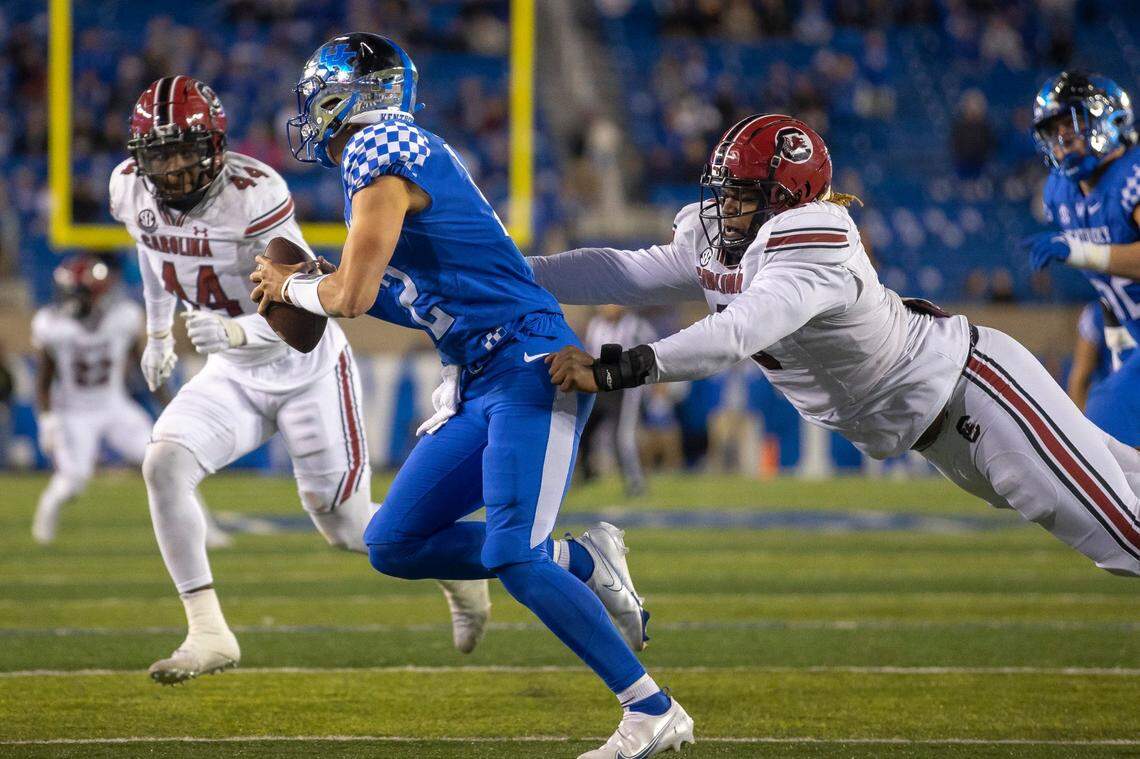 Kentucky quarterback Kaiya Sheron (12) was sacked six times in UK’s 24-14 loss to South Carolina.