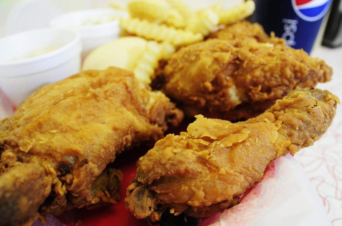 A fried chicken one-half mixed box wass plenty for two people to share for lunch. It included a leg, a thigh and a breast, plus gravy, a roll, coleslaw and fries.