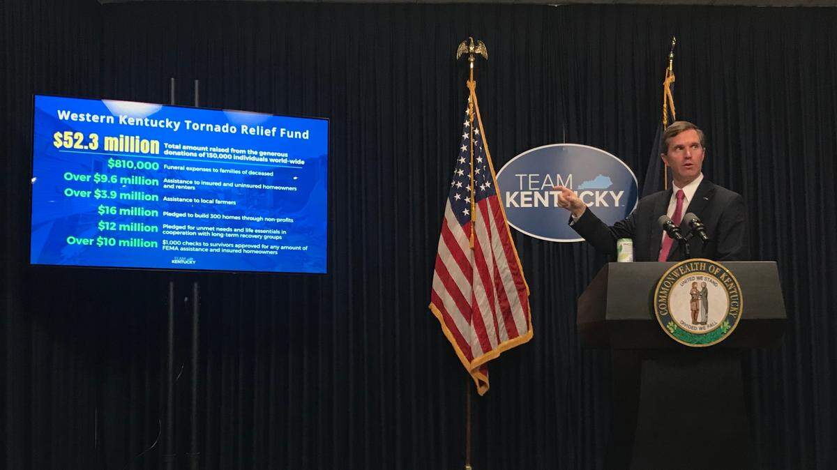 Gov. Andy Beshear defended his administration’s handling of the Team Western Kentucky Tornado Relief Fund at his weekly Team Kentucky update Thursday, Feb. 9, 2023.