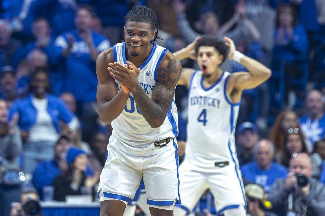 Kentucky guards Otega Oweh (00) and Koby Brea (4) react during Friday’s game against Georgia State at Rupp Arena.