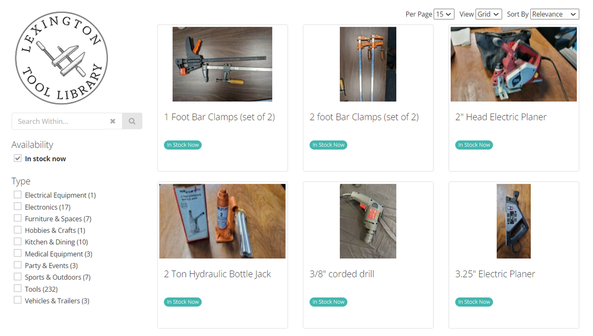 A screen capture of the Lexington Tool Library's website depicting what tools are available to borrow. They include drills, a circular saw and various hand tools.