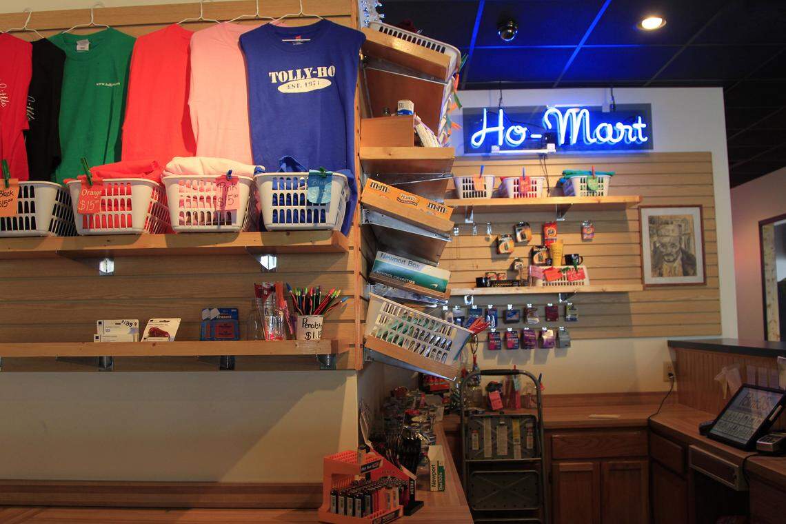T-shirts and various items that could come in handy after a midnight ho burger at Tolly-Ho.