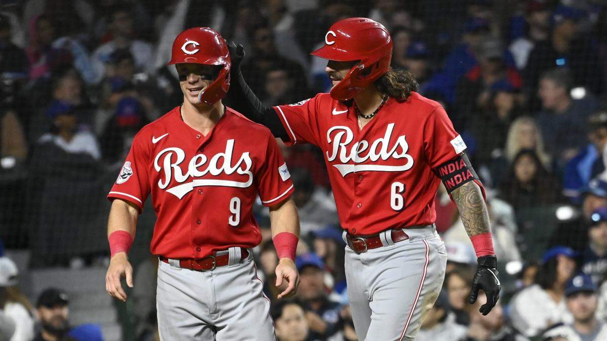 Cincinnati Reds second baseman Jonathan India (6) celebrates with shortstop Matt McLain (9) after hitting a home run against the Chicago Cubs. The Reds were 25-29 entering Wednesday’s game but had won six of their last 10.