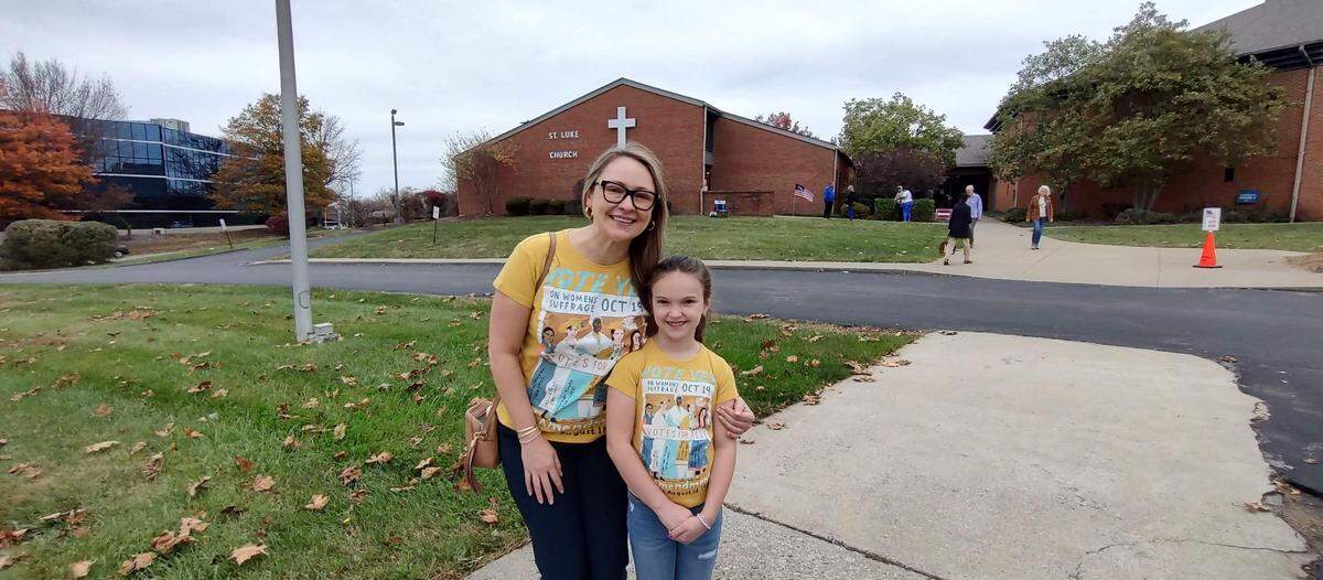 Ashley Brown and her daughter at St. Luke Church Tuesday, Nov. 7, 2023. Brown said she voted for Gov. Andy Beshear because of his stances on abortion and equality.