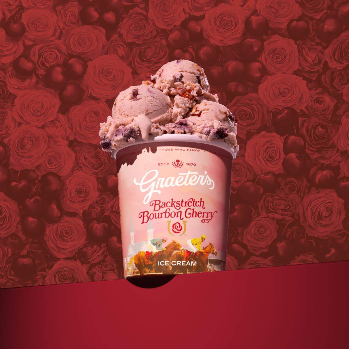 Graeter’s Backstretch Bourbon Cherry ice cream features “bourbon-kissed” French Pot ice cream with black cherries and pralines mixed in.