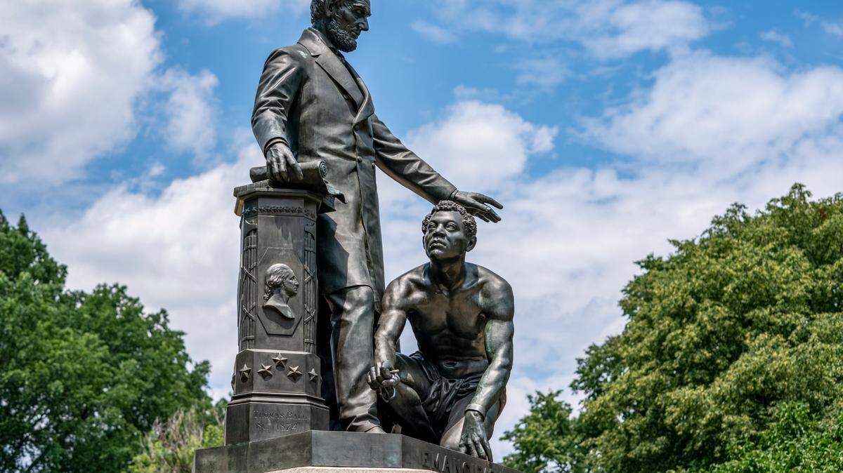 The Emancipation Memorial in Washington’s Lincoln Park depicts a freed slave kneeling at the feet of President Abraham Lincoln, Thursday, June 25, 2020. Calls are intensifying for the removal of the statue as the nation confronts racial injustice. (AP Photo/J. Scott Applewhite)