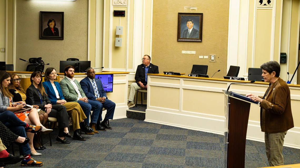 Lexington Mayor Linda Gorton gives her budget address on April 15, 2025 at the Government Center in Lexington, Ky.