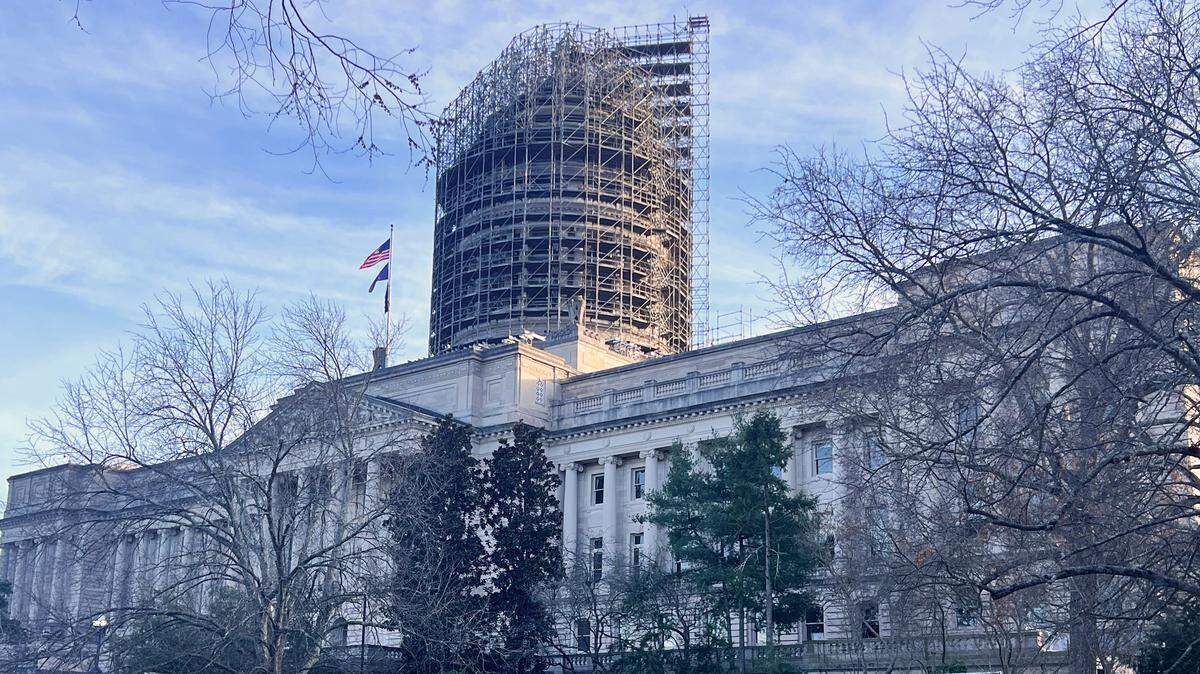 Scaffolding surrounds the Rotunda of the Kentucky Capitol building, currently undergoing renovation, on Jan. 6, 2026, in Frankfort, Ky.