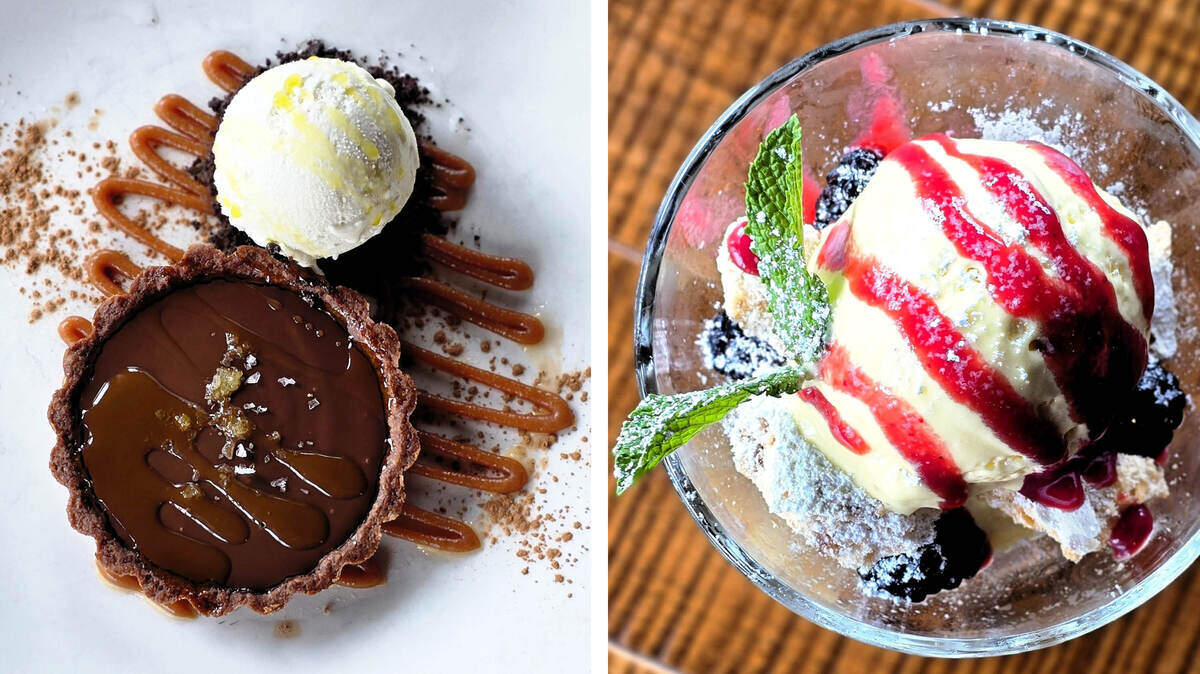 Bella Notte has three new desserts on its menu for Summer 2026. From left, Chocolate Budino Tart (served with Sorella’s thyme gelato and topped with salted caramel drizzle, evoo and maldon) and Passionfruit Semifreddo (served with almond coriander merengue, strawberry puree & Grand Marnier macerated blackberries).