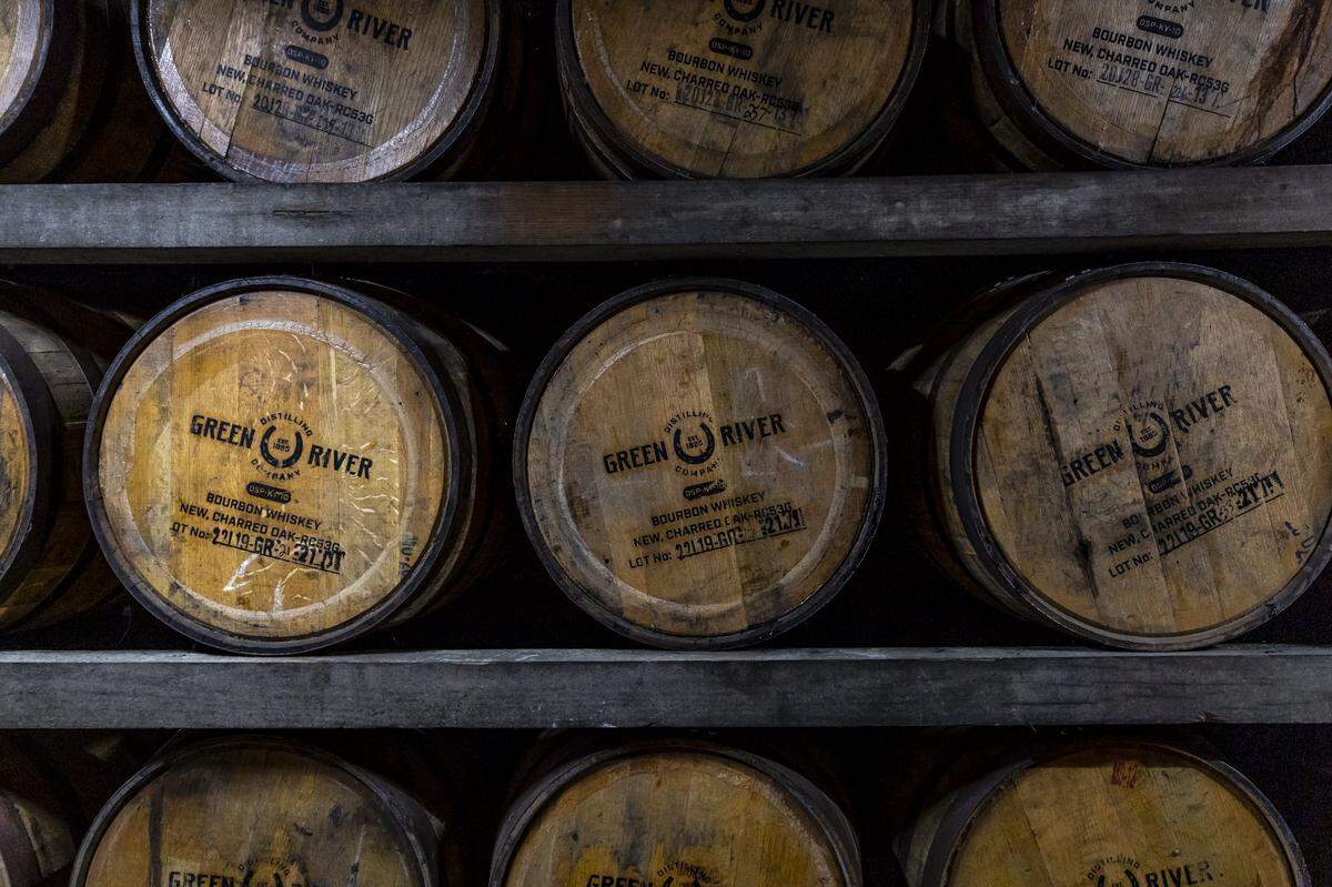 Whiskey is aged in barrels at Green River Distillery in Owensboro, Ky., on Wednesday, Sept. 24, 2025.