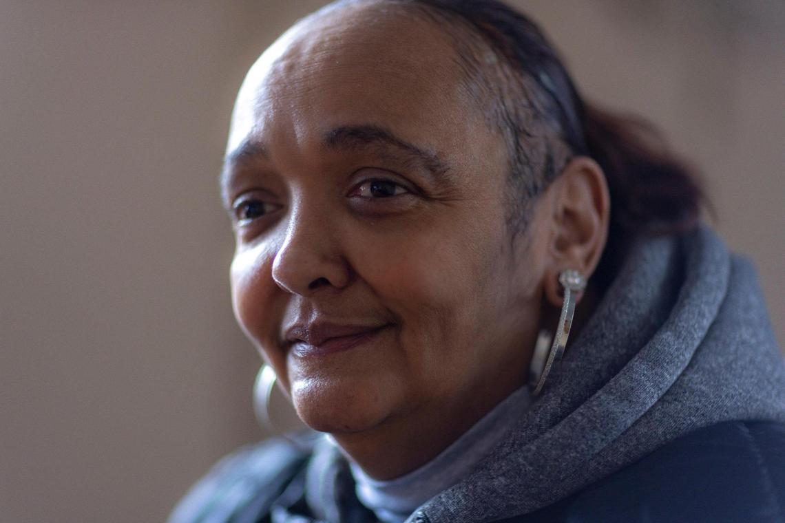 Esperita Caise, a Wheels rider, poses for a portrait at Bluegrass Career Services in Lexington, Ky., on Wednesday, Jan. 31, 2024.