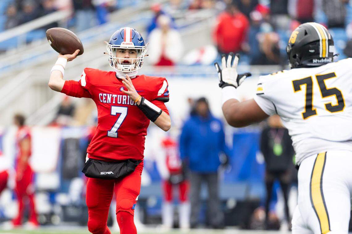 Christian Academy-Louisville's Jackson Burke (7) throws a pass Christian Academy-Louisville's Jackson Burke (7) throws a pass during the Class 3A UK Healthcare Sports Medicine State Football Finals Saturday, December 6th, 2025 at Kroger Field in Lexington KY