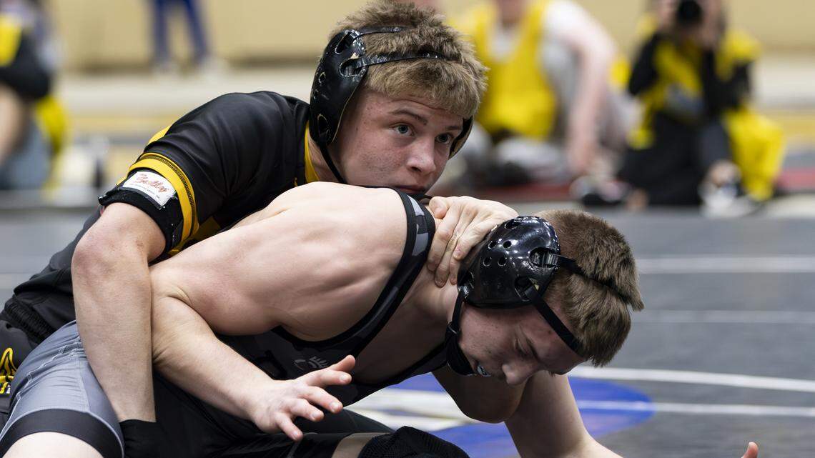 Harrison County’s Jackson Wells held down Ryle’s Aiden Brinkman in the 120-pound finals of the 2026 KHSAA Boys/Co-ed State Wrestling Championships at the Kentucky Horse Park’s Alltech Arena on Friday.