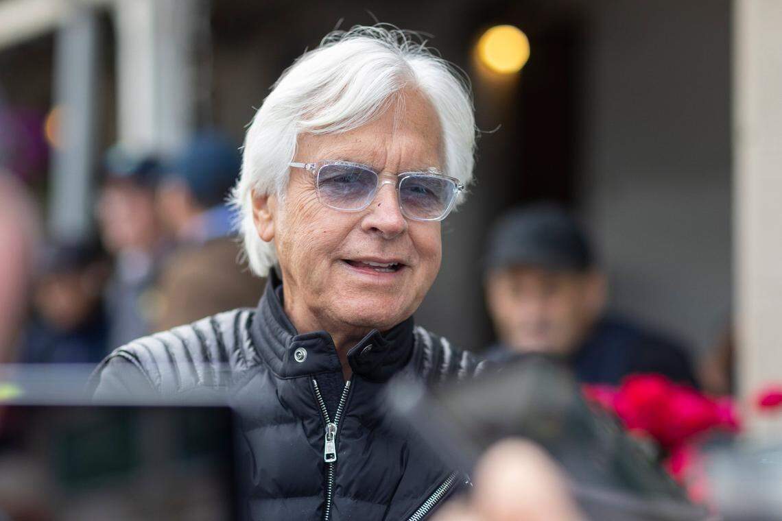Trainer Bob Baffert speaks to members of the media following morning workouts at Churchill Downs on Monday.