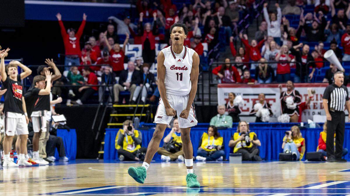 during the Cardinals first-round, 75-60 win over Johnson Central in the 2026 UK Healthcare Boys' Basketball Sweet 16 state tournament, Thursday, March 19, 2026 at Rupp Arena in Lexington, Ky.