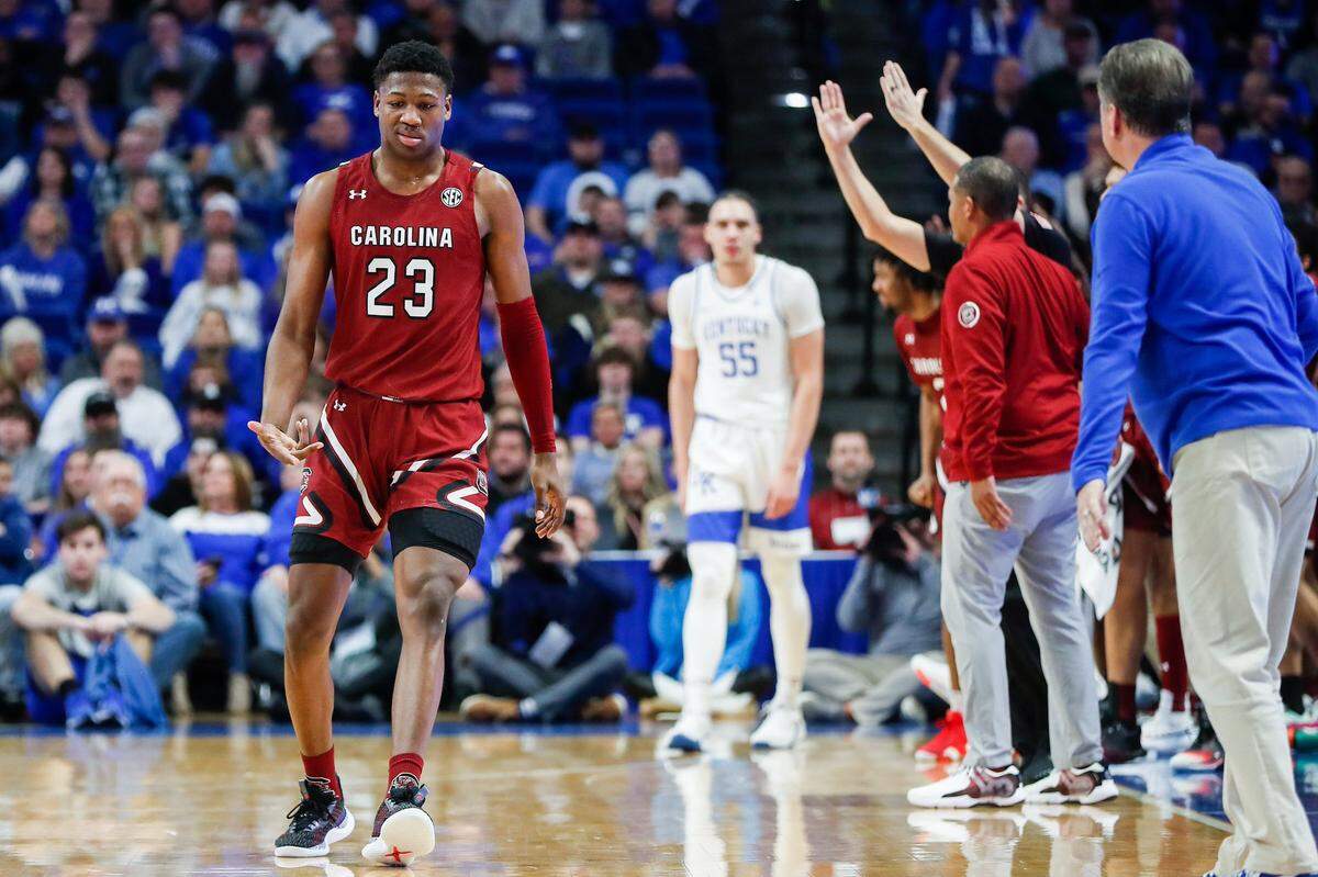South Carolina’s GG Jackson celebrates after making a three-pointer against Kentucky on Tuesday, Jan. 10, 2023, at Rupp Arena in Lexington, Ky.