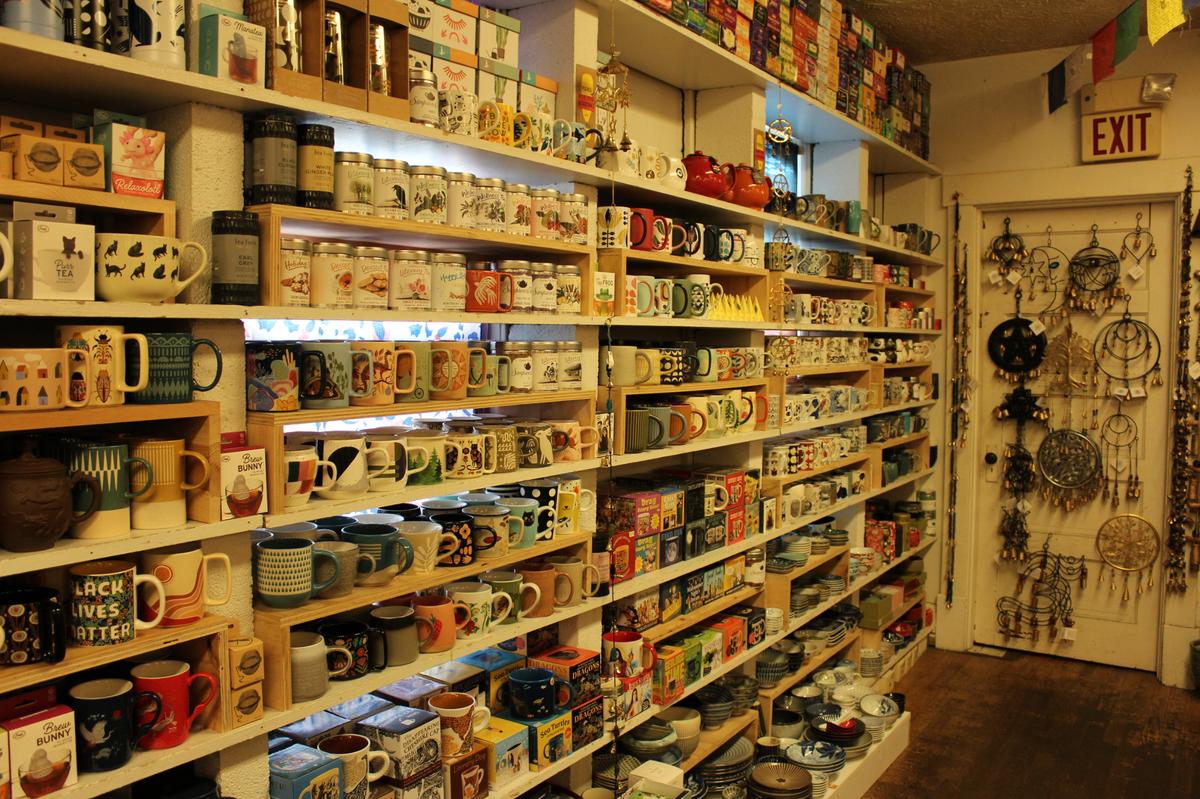 Mugs sit on shelves at Sqecial Media, a gift shop in Lexington, Kentucky, on Monday, Nov. 18, 2024.