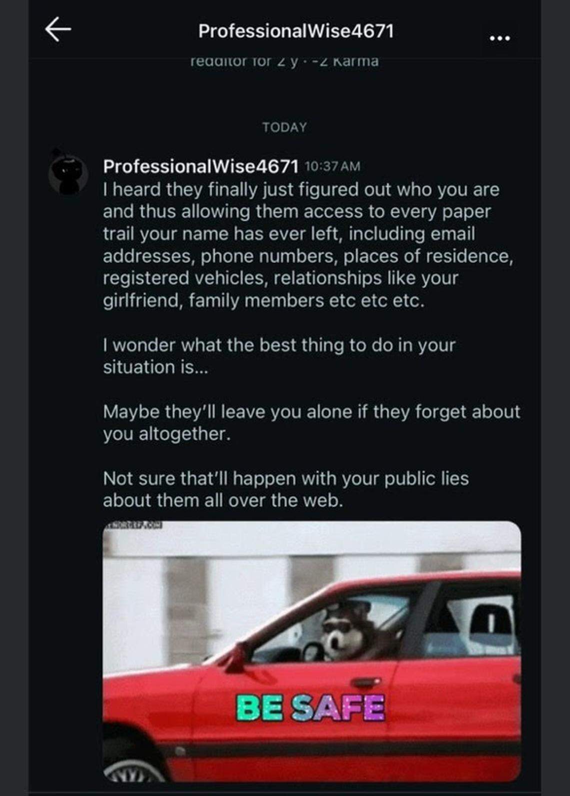 After Lexington Blue owner Brad Pagel ordered employees to help him find and discredit Andrew Stringer, Stringer received messages such as this one warning him to “be safe.”