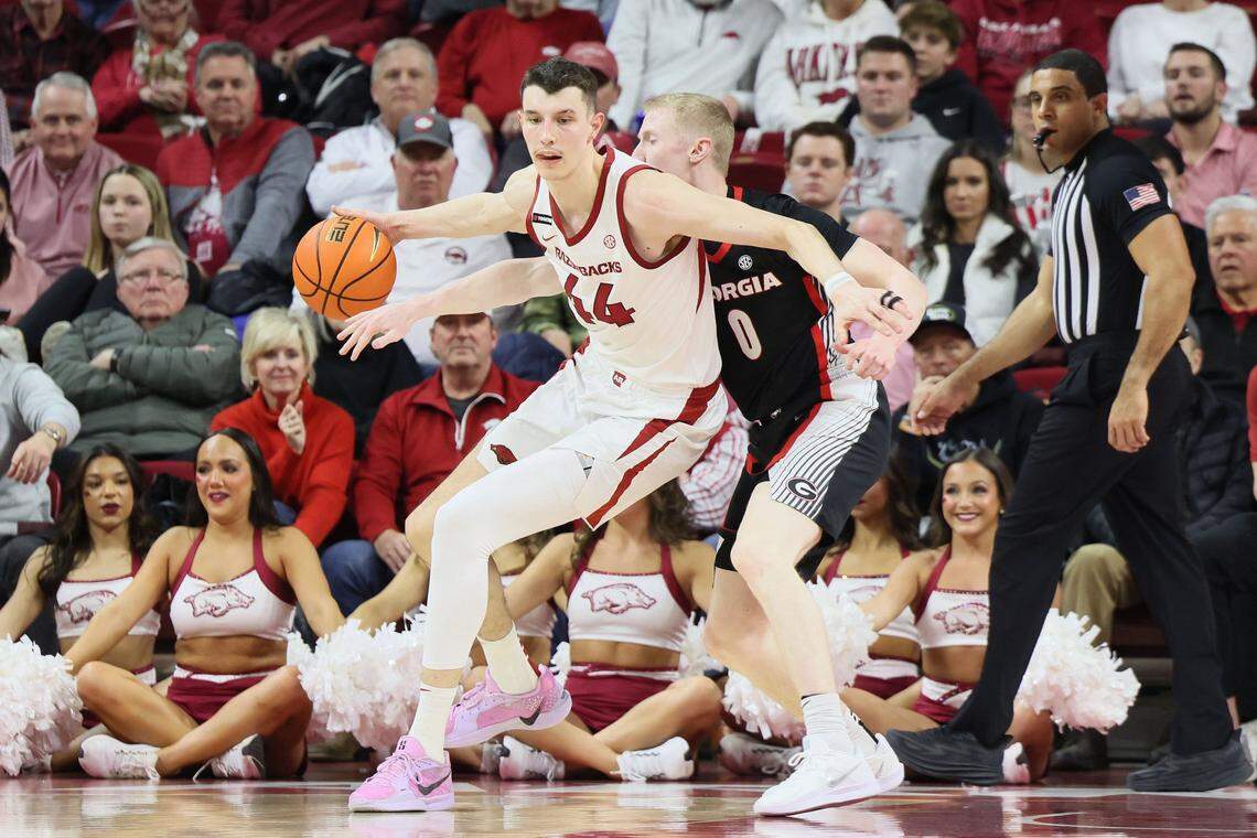 Arkansas big man Zvonimir Ivisic (44) has seen his role expand dramatically in the past three games. The former Kentucky center is averaging 10.3 points, 6.7 rebounds and two blocks a game in those three contests.