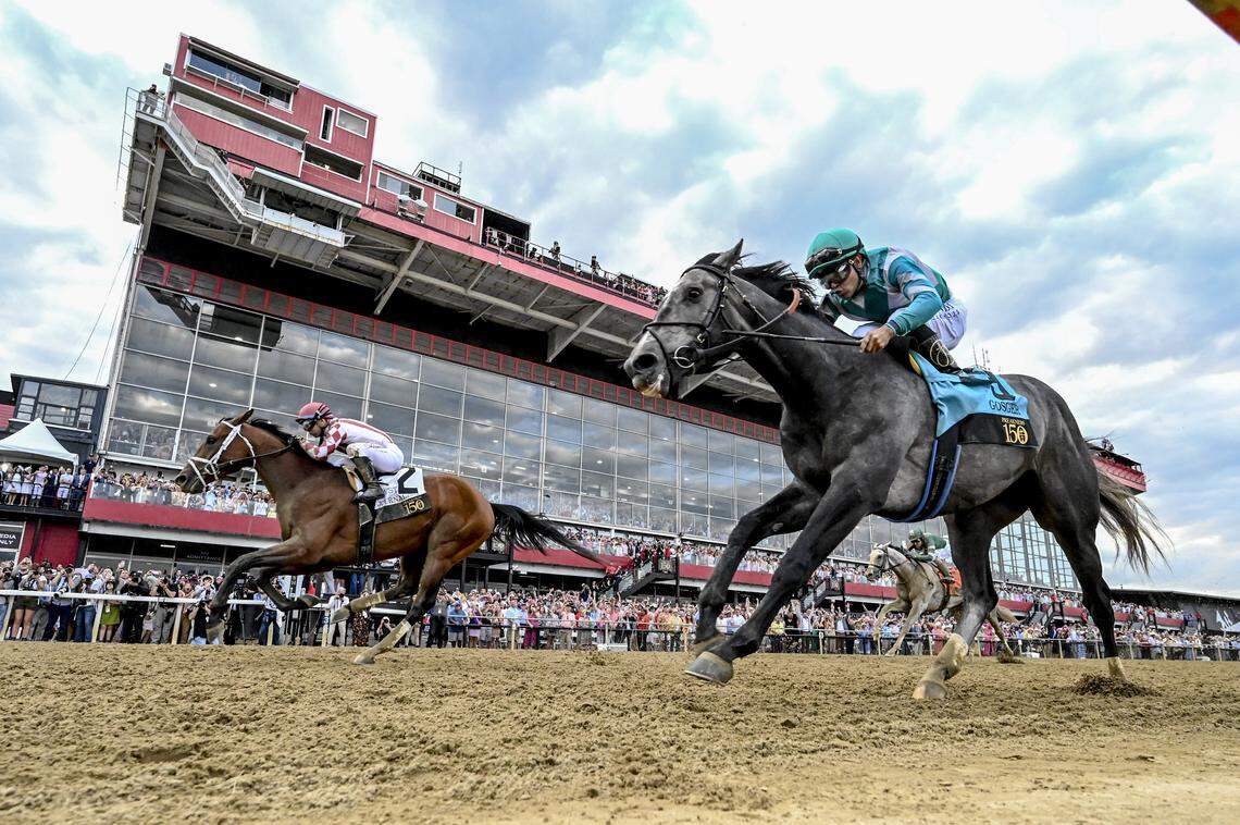 May 17, 2025; Baltimore, Maryland, USA;  Journalism (2) with Umberto Rispoli up defeats Gosger (9) with Irad Ortiz Jr. up to win the running of the 150th Preakness stakes. Mandatory Credit: Tommy Gilligan-Imagn Images