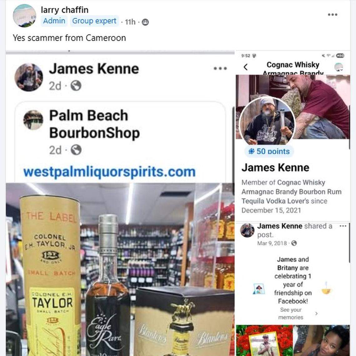 The Bourbon Scammers Facebook group shares the names and images of alleged scammers it has found impersonating real businesses and people.