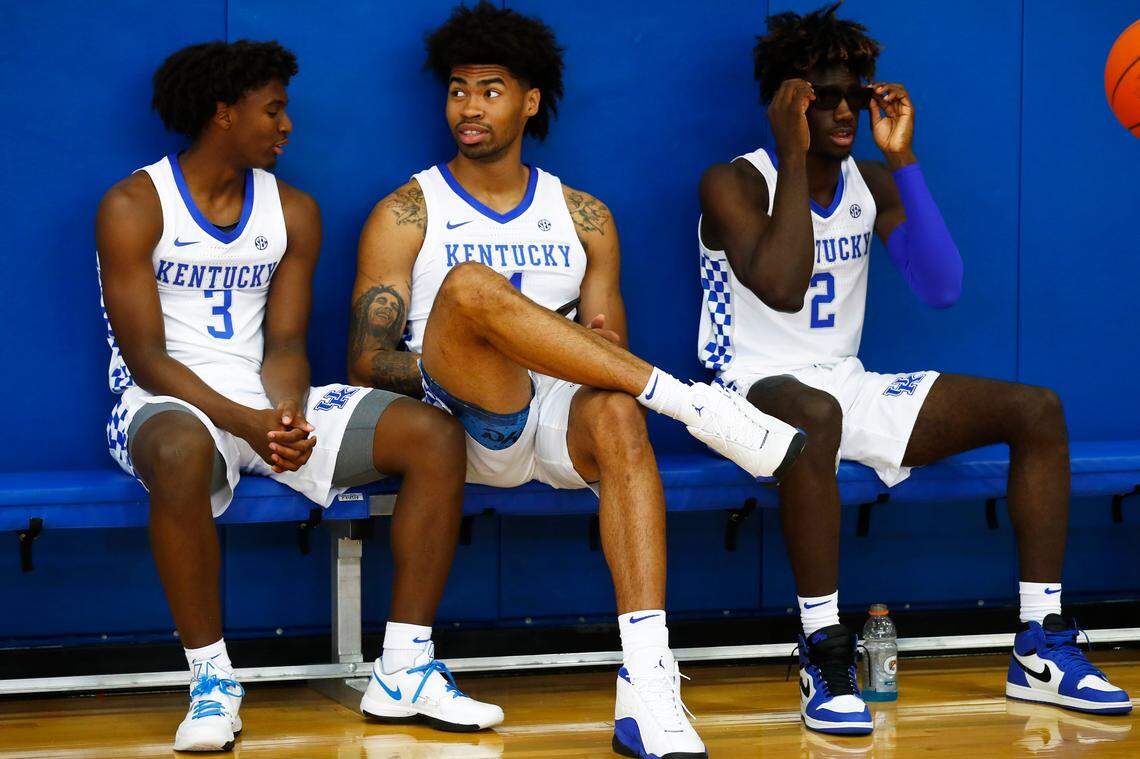 Tyrese Maxey, left, and Kahlil Whitney, right, sat with Nick Richards during UK’s Photo Day this fall. Maxey and Whitney represent two of the seven 2019 McDonald’s All-Americans on SEC rosters this season. The others are Anthony Edwards (Georgia), Scottie Lewis (Florida), Tre Mann (Florida), Josiah-Jordan James (Tennessee) and Trendon Watford (LSU).