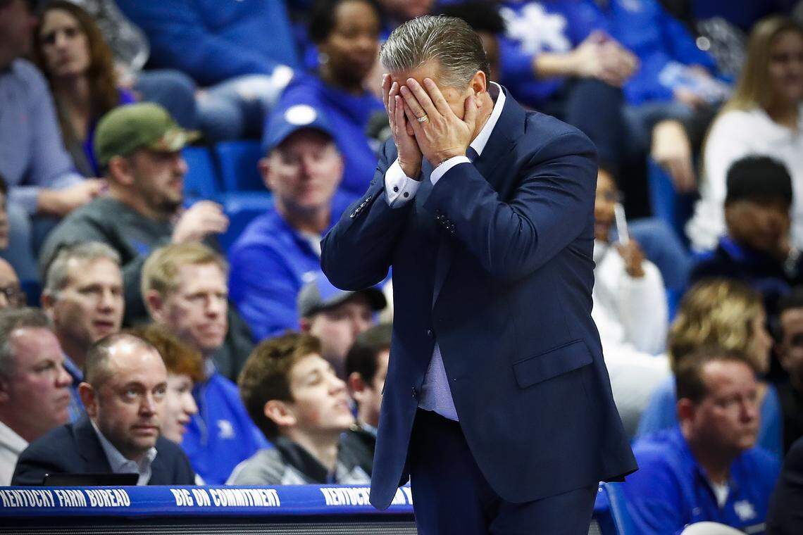 Kentucky Wildcats head coach John Calipari reacts during their game against the Evansville Aces at Rupp Arena in Lexington, Ky., Tuesday, Nov. 12, 2019.