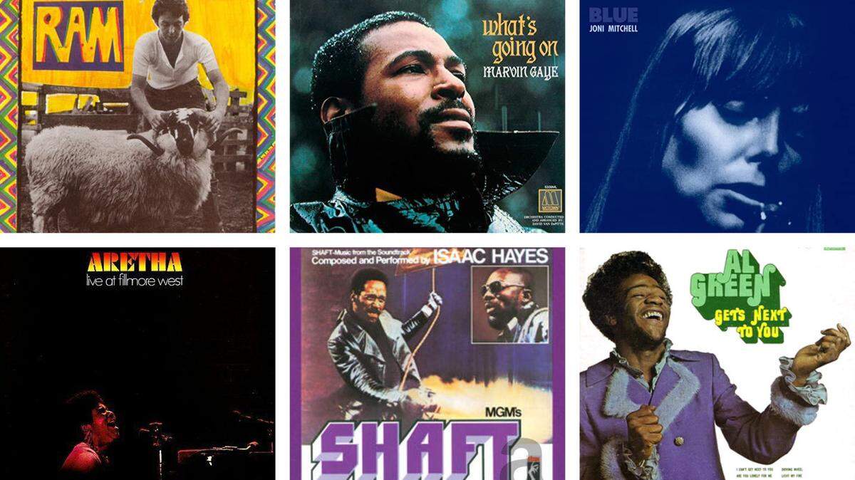 Clockwise from top left, Paul and Linda McCartney’s “Ram”, Marvin Gaye’s “What’s Going On”, Joni Mitchell “Blue”, Al Green “Al Green Gets Next To You”, Isaac Hayes “Shaft” and Aretha Franklin “Aretha Live at Fillmore West” are six of the great recordings released during the late spring and summer months, 1971.