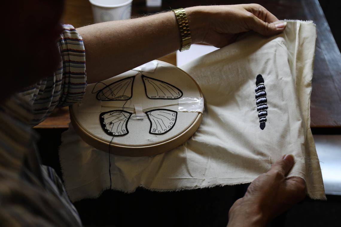 Students learning the traditional art of hand embroidery from the Royal School of Needlework this summer will embroider figures like butterflies.